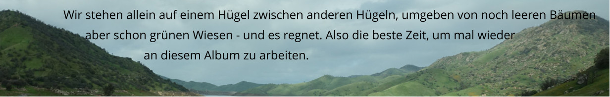 Wir stehen allein auf einem Hügel zwischen anderen Hügeln, umgeben von noch leeren Bäumen         aber schon grünen Wiesen - und es regnet. Also die beste Zeit, um mal wieder                            an diesem Album zu arbeiten.