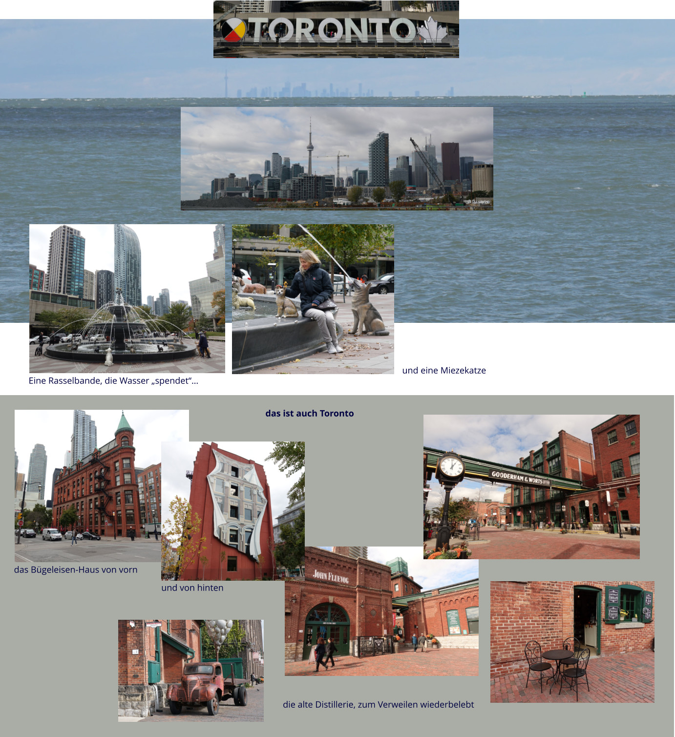 Eine Rasselbande, die Wasser „spendet“… und eine Miezekatze das ist auch Toronto           die alte Distillerie, zum Verweilen wiederbelebt das Bügeleisen-Haus von vorn und von hinten