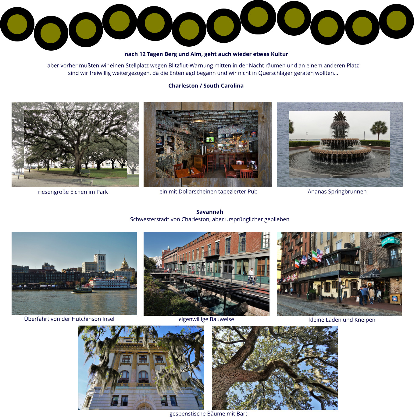 Charleston / South Carolina  ein mit Dollarscheinen tapezierter Pub riesengroße Eichen im Park Ananas Springbrunnen Savannah Schwesterstadt von Charleston, aber ursprünglicher geblieben nach 12 Tagen Berg und Alm, geht auch wieder etwas Kultur aber vorher mußten wir einen Stellplatz wegen Blitzflut-Warnung mitten in der Nacht räumen und an einem anderen Platz sind wir freiwillig weitergezogen, da die Entenjagd begann und wir nicht in Querschläger geraten wollten… eigenwillige Bauweise kleine Läden und Kneipen Überfahrt von der Hutchinson Insel gespenstische Bäume mit Bart