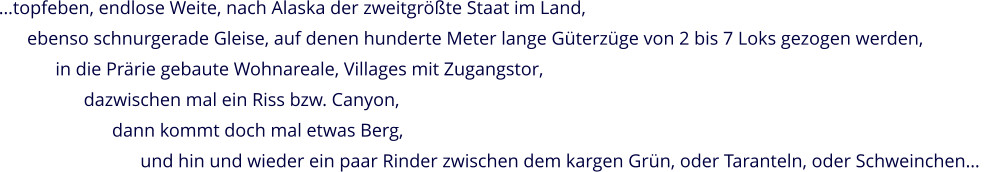 …topfeben, endlose Weite, nach Alaska der zweitgrößte Staat im Land, ebenso schnurgerade Gleise, auf denen hunderte Meter lange Güterzüge von 2 bis 7 Loks gezogen werden,  in die Prärie gebaute Wohnareale, Villages mit Zugangstor, dazwischen mal ein Riss bzw. Canyon, dann kommt doch mal etwas Berg, und hin und wieder ein paar Rinder zwischen dem kargen Grün, oder Taranteln, oder Schweinchen…