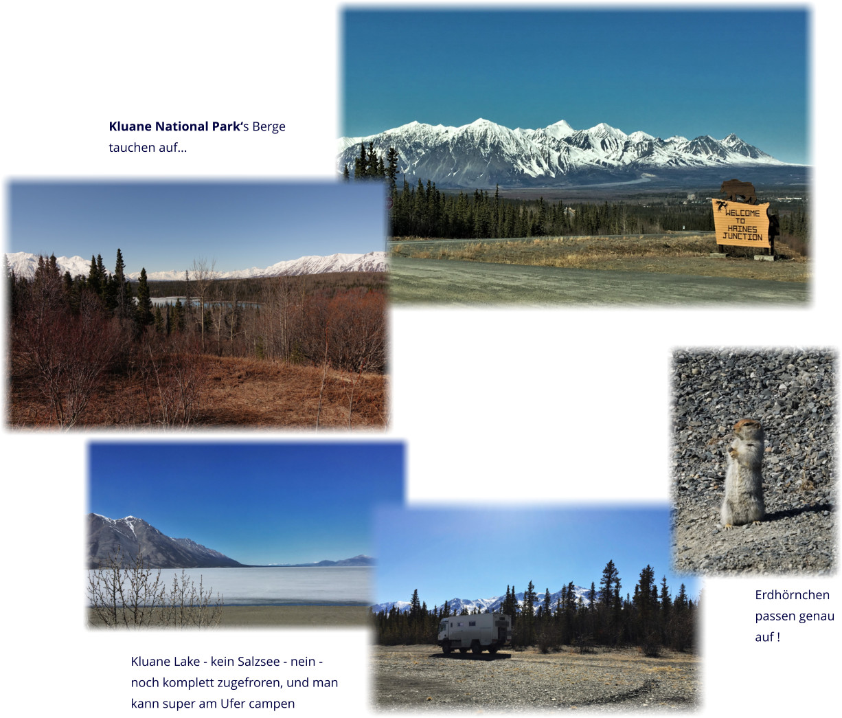 Kluane National Park‘s Berge tauchen auf… Kluane Lake - kein Salzsee - nein -  noch komplett zugefroren, und man kann super am Ufer campen Erdhörnchen passen genau auf !