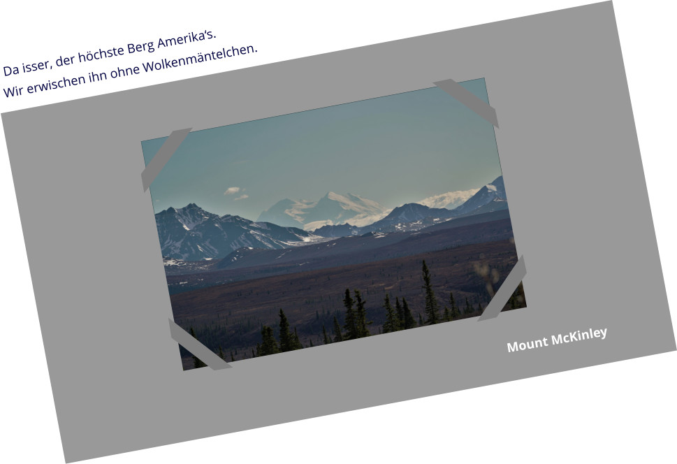 Da isser, der höchste Berg Amerika‘s.  Wir erwischen ihn ohne Wolkenmäntelchen. Mount McKinley